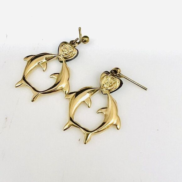 Vintage Weekenders Paua Shell Kissing Dolphins Heart Dangle Earrings Gold 1445 - Picture 8 of 10